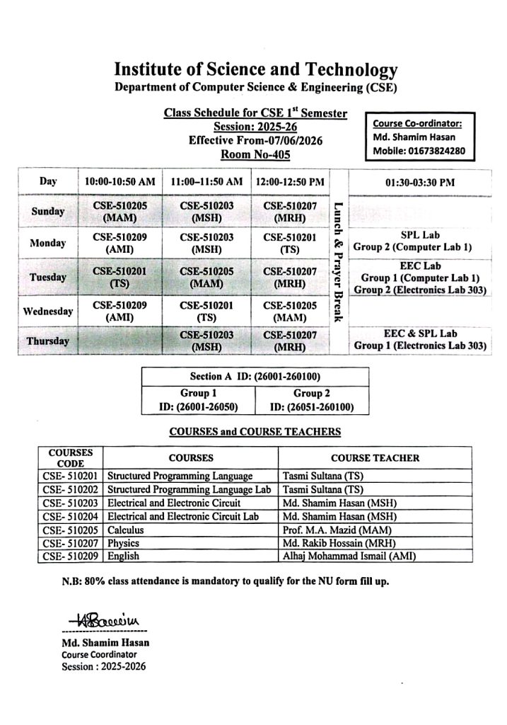 CSE Class Schedule for CSE 1st Semester (Session 2025-26)